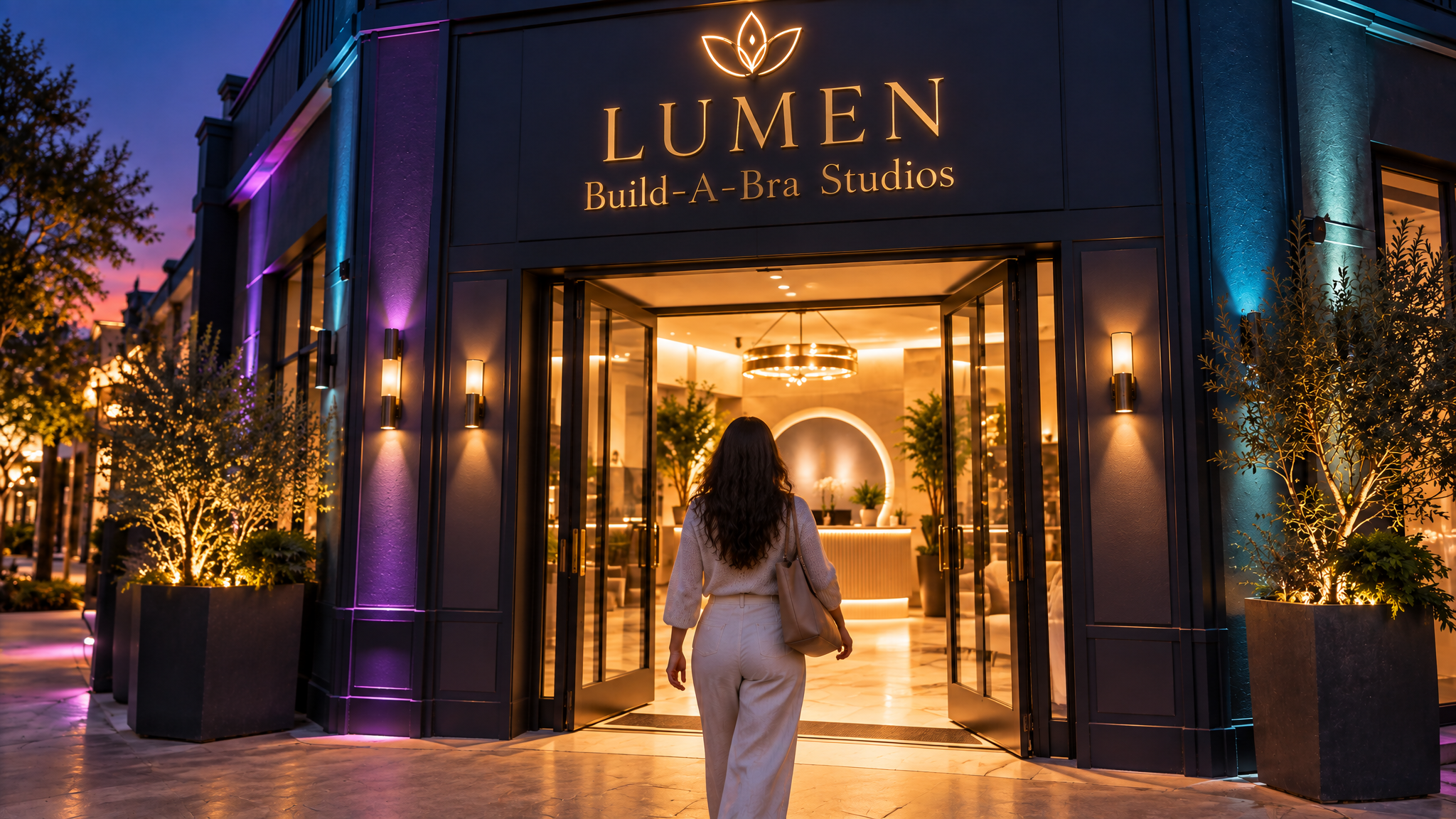 Conceptual visualization of the warmly lit, welcoming entrance to the planned LUMEN studio