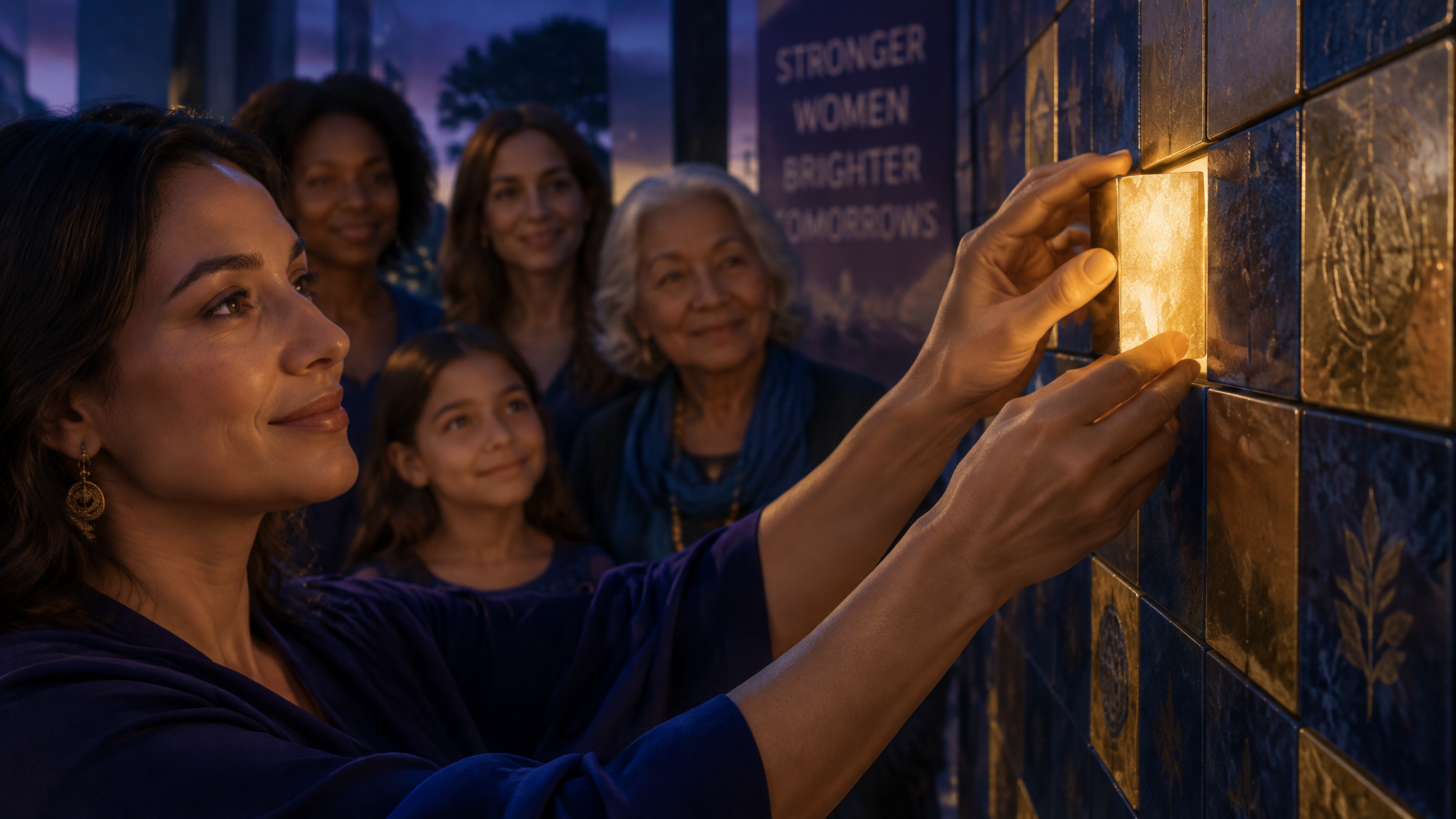 Symbolic visualization of a hand placing a luminous gold tile, representing building the studio one contribution at a time