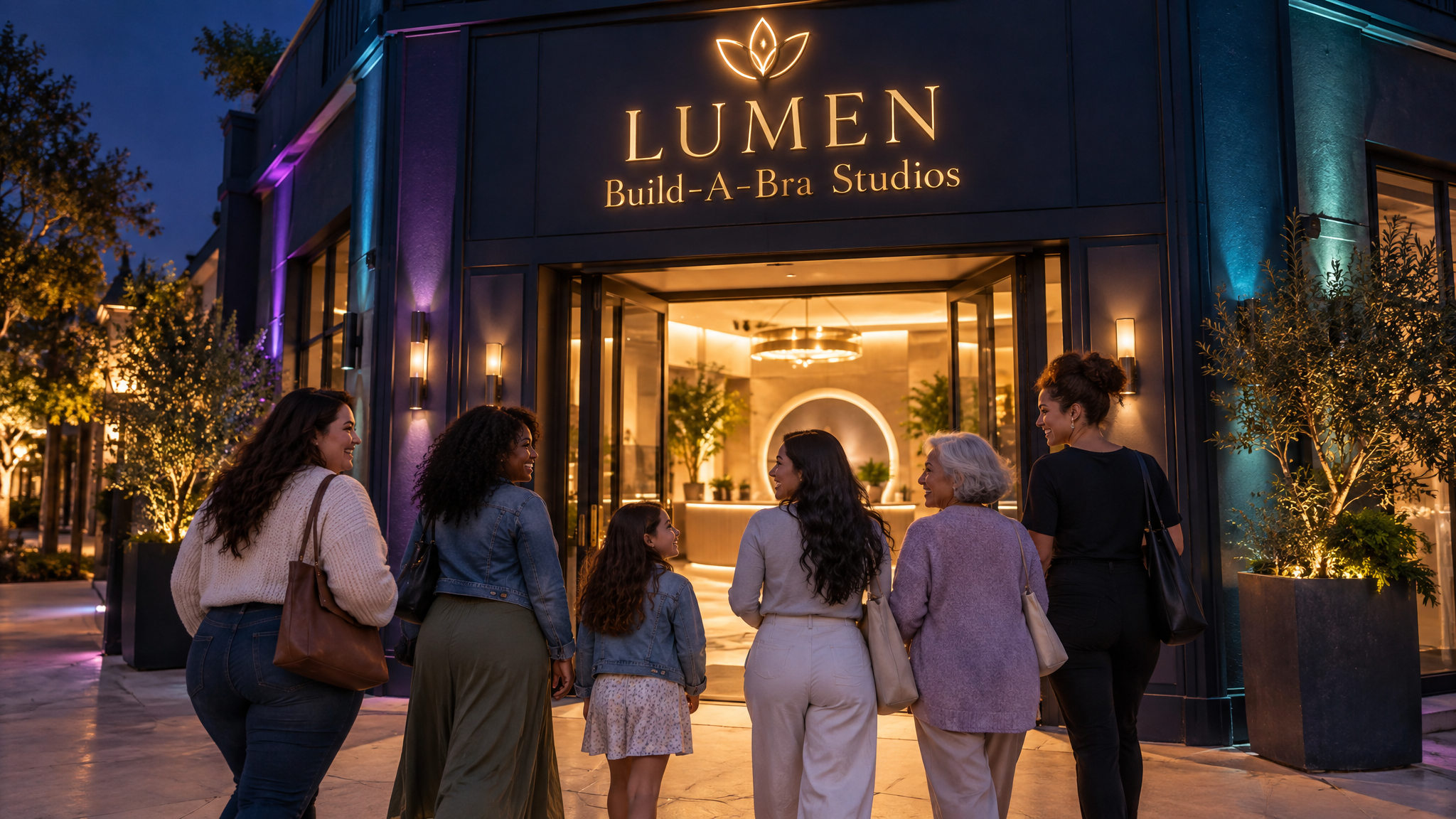 Conceptual visualization of the planned LUMEN Build-A-Bra Studio, warmly lit at dusk, with the glowing entrance and a few visitors