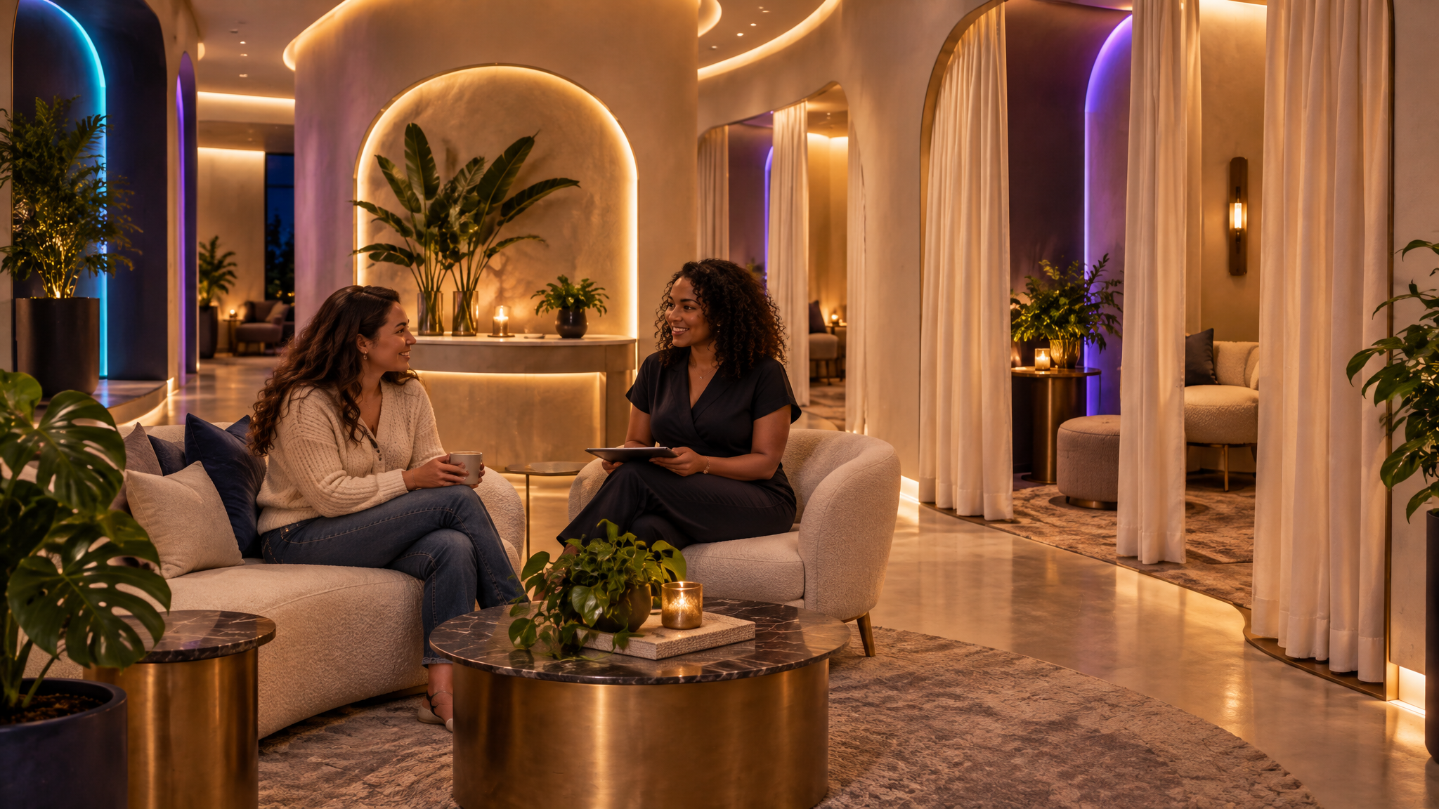 Conceptual visualization of a calm LUMEN studio interior with private alcoves, warm candlelight and violet and teal accent lighting