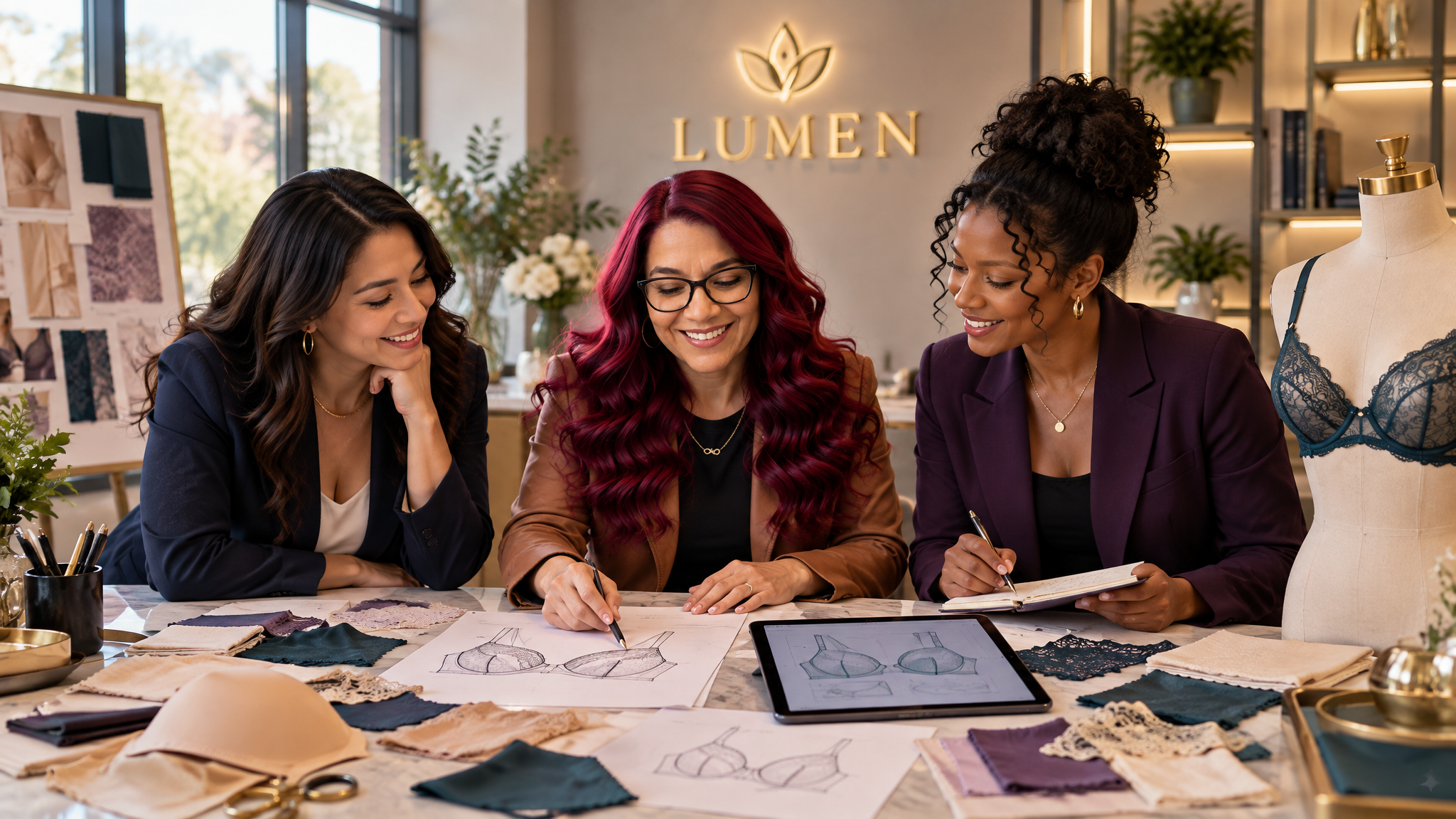 Conceptual visualization of the future LUMEN design team collaborating around a studio worktable